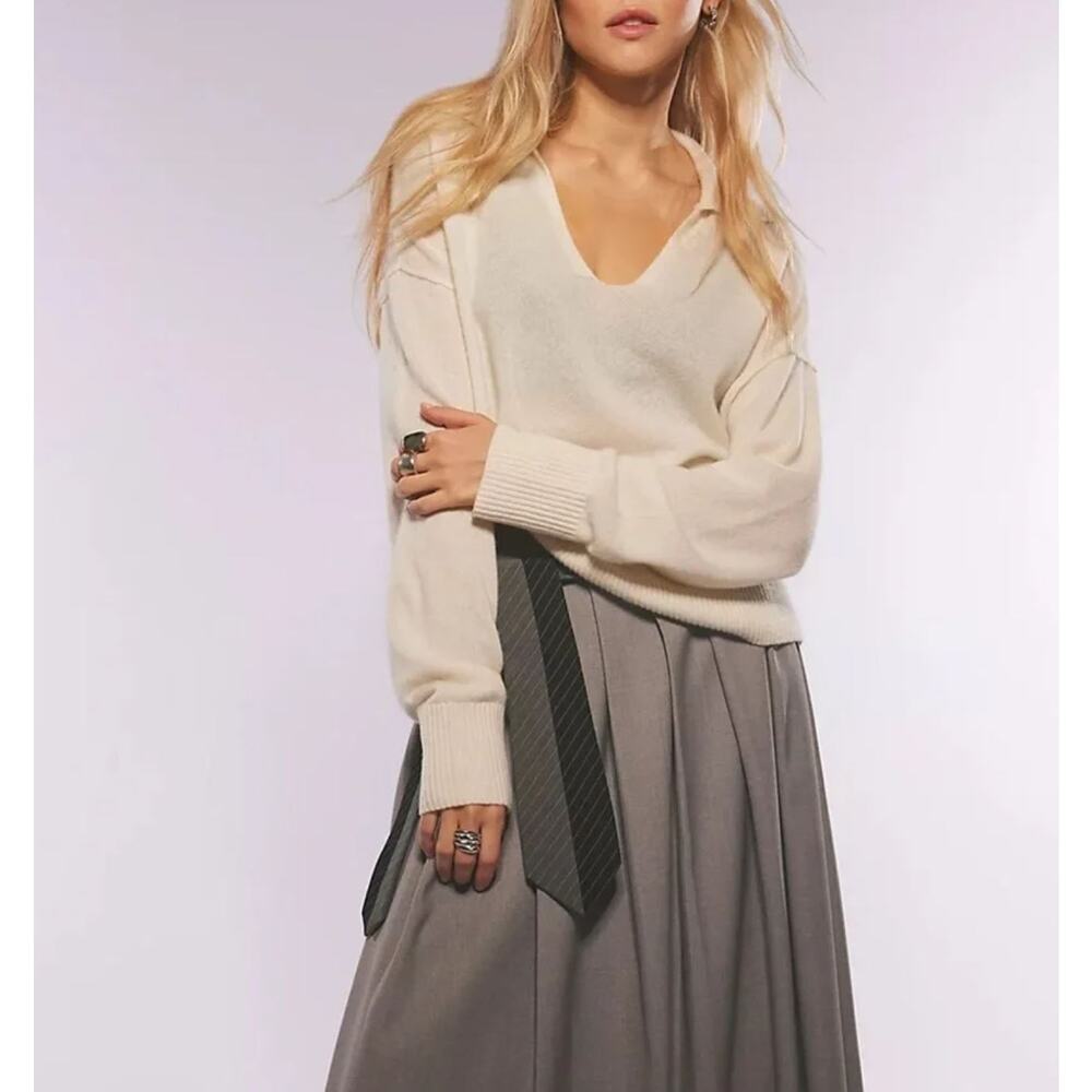 Free People Eloura 100% Cashmere Henley Sweater Medium White Collared NEW